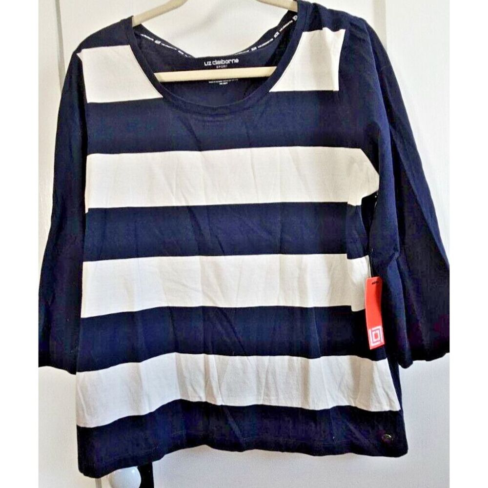 NWT Liz claiborne SPORT women PXL 100% cotton tee blue white blocks 3/4 sleeves